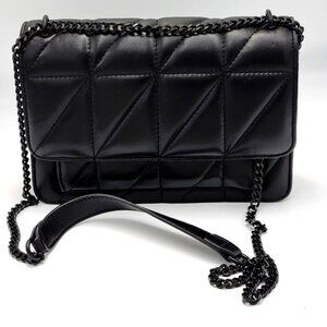 Black Quilted Genuine Leather Crossbody Bag With Chain Strap & Magnetic Closure